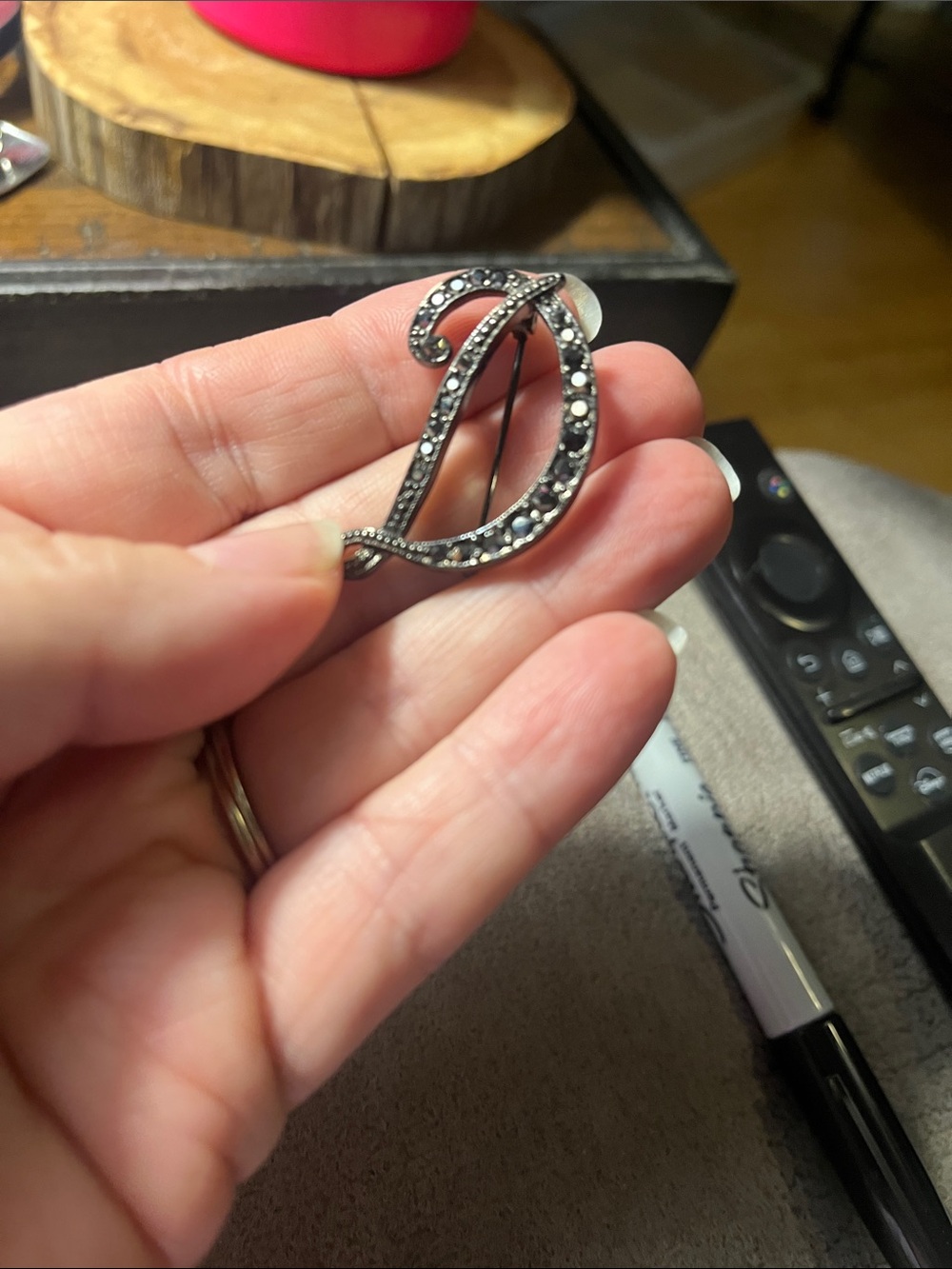 Vintage-Inspired 'D' Initial Brooch Pin in Blackened Silver with Crystals 1919
